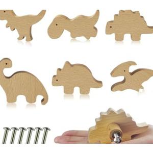 Zaruatu 5 Pcs Wooden Animal Cabinet Knobs with Screws Decorative Wardrobe Knobs Natural Wood Cute Animal Furniture Suitable for Nursery Drawer Handles Decor Cabinets Furniture (Dinosaur)
