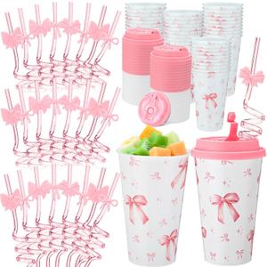 Yungyan 16 Sets Pink Bow Party Favors Goodie Cups with Lids and Straws for Birthday Coquette Party Decorations Reusable 16oz Plastic Candy Cups Plastic Straws for Christmas Decor(Pink Bow)