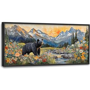Extra Large Framed Abstract Black Bear Mountain Wall Art,Colorful Wildflower Forest Landscape Wall Decor Pictures for Living Room,Canvas Print Painting Modern Artwork Bedroom Office Bathroom 60L x30W