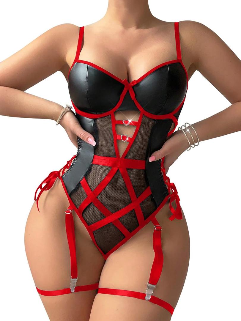 Sexy Strappy Lace Up Underwire Sheer Leather Garter Belt Teddy Bodysuit Lingerie Top 2 Piece Set (Medium, Black Red)