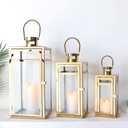 TRIROCKS Elegant Gold Stainless Steel Lantern Set- 3 Sizes (12", 15", 19") - Tempered Glass Panel Metal Lanterns for Versatile Indoor & Outdoor Decorating - Perfect for Celebrations