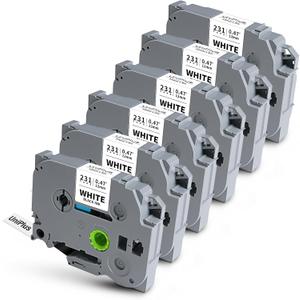 UniPlus 6-Pack Compatible for P Touch Label Tape TZe-231 TZ-231 12mm 0.47 Laminated White Replacement for Brother Ptouch PTD200 PTD210 PTH100 PTD400 PTD600 PTD410 Label Maker, 0.47" x 26.2'(12mm x 8m) (Black on White)