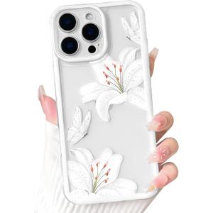 NITITOP Compatible with iPhone 16 Pro Case Cute Durable Lily Flower Floral Butterfly Pattern for Women Girls Color Frame Slim Shockproof Protective Phone Cover - White