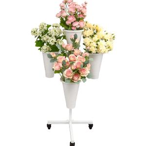 Flower Display Stand with Buckets - Flower Cart with Wheels for Bouquet Shop, Metal Flower Rack Display Stand for Wedding Garden, Party, Events (White, Round buckets)