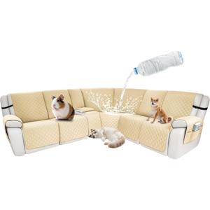 Waterproof Sectional Reclining Couch Covers L Shaped Recliner Sectional Sofa Cover 8 Piece Non Slip Washable Corner Recliner Slipcover Set for Pet Dog (5 Seater 1 Console Cover, Beige)