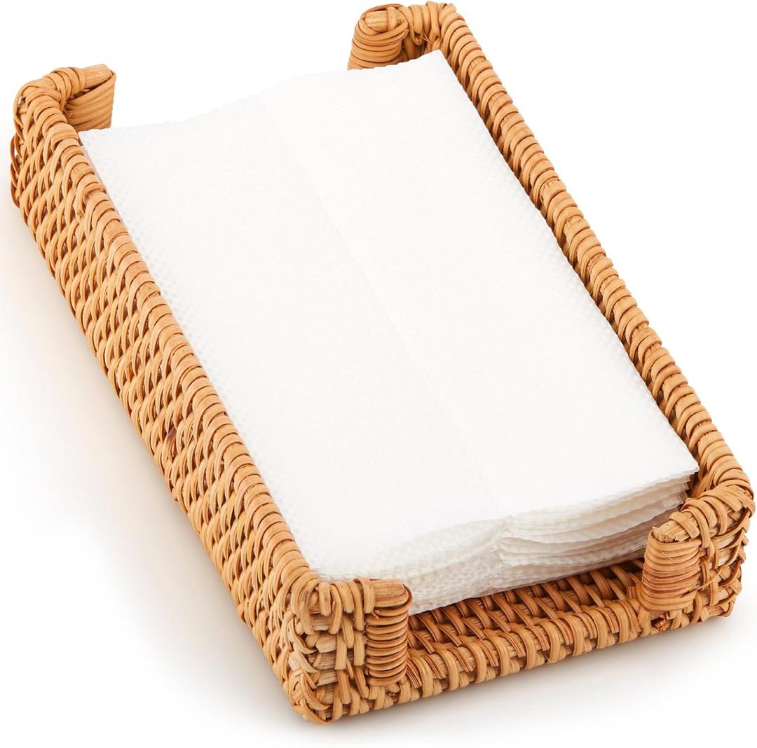 GlikCeil Rattan Guest Towel Holder Tray for Bathroom Wicker Tissue Napkin Cube Box Cover 9.5" x 5.5" x 2" Woven Storage for Table Paper Rustic Bathroom Towel Tray Flat Wood Dinner Napkin Holder
