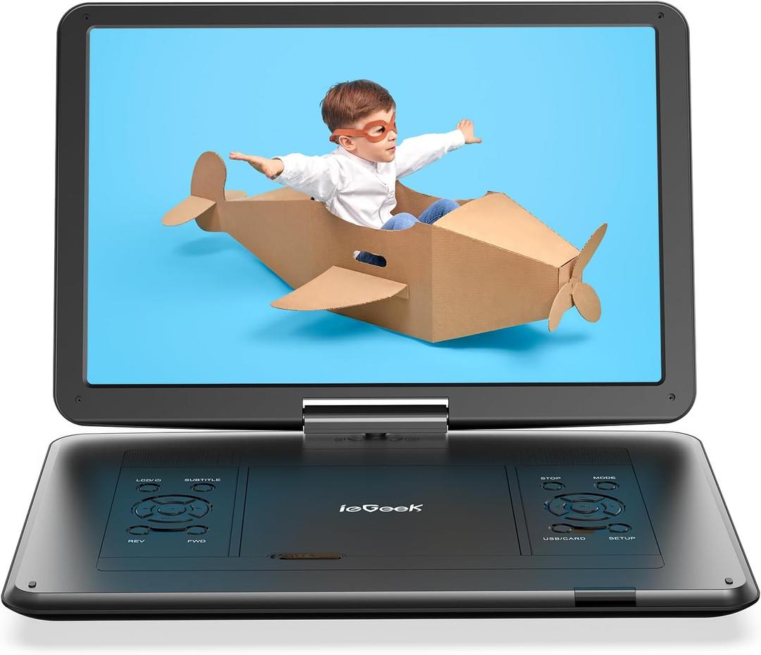 ieGeek 17.5" Portable DVD Player with 15.6" Swivel HD Large Screen, 6 Hrs 5000mAH Rechargeable Battery, High Volume Speaker, Support USB/SD Card/Sync TV, Car Charger, Remote Control,No Region Restrict