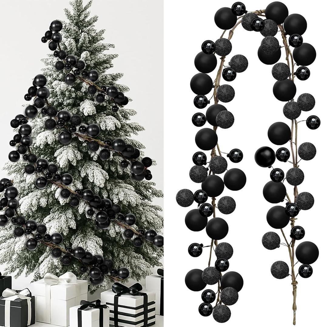 Dingion Christmas Ball Garland 6 ft Black Christmas Tree Garland Halloween Ornament Hanging Ball Decorations Shatterproof Ornament for Xmas Tree Party Decor Mantel Fireplace Stair Indoor Outdoor (1.18, 1.57, 1.97 Inch)