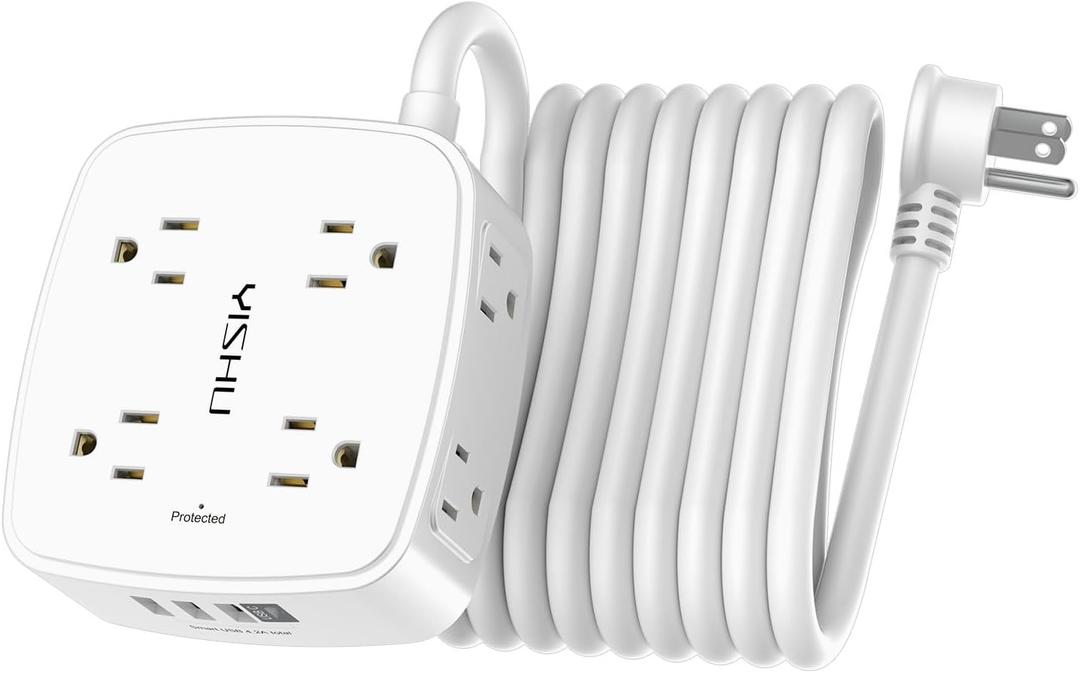 15 Ft Surge Protector Power Strip - 8 Widely Outlets with 4 USB Ports, 3 Side Outlet Extender with 15 Feet Extension Cord, Flat Plug, Wall Mount, Desk USB Charging Station, ETL, White