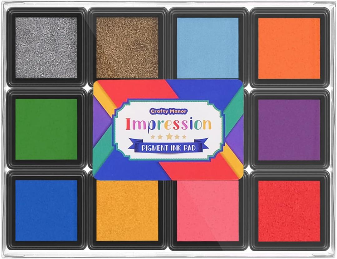 CraftyManor Mini 12 Color Pigment Ink Pads for Stamps, Fingerprint Ink Pad, Stamp Pad for Scrapbook Paper & Stamps for Clothing Stamp & Letter Stamps, Archival