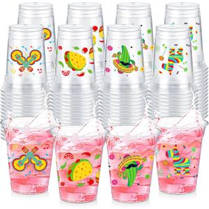 100 Pcs 12oz Fiesta Cups Mexican Plastic Cups Cinco De Mayo Clear Disposable for Fiesta Taco Birthday Party Drinkware Supplies Decorations