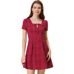 Allegra K Women's Printed Casual Square Neck Short Sleeve Fit and Flare Dress Large Red-Dotted