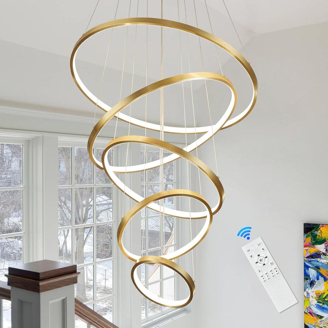 Modern LED Chandelier High Ceiling 5 Ring Gold Chandeliers Foyer Dimmable Ceiling Pendant Light Fixture Contemporary Flush Mount Chandelier for Staircase Living Room, 3000K-6500K