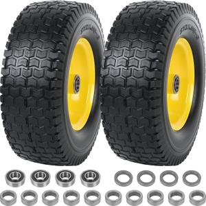 AR-PRO (2-Pack) 13x5.00-6 Flat Free Tire and Wheel Assembly, 3" Centered Hub, 3/4" Extra 5/8" Bearing, 13x5-6 Solid Turf Tires with Rim, Replacement Zero Turn and Riding Lawn Mower Front Wheels (Yellow)