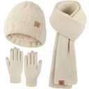 Oatmeal Winter Beanie Hat Scarf Gloves, Warm Fleece Knit Hat Long Scarf Neck Warmer Touch Screen Winter Gloves Set