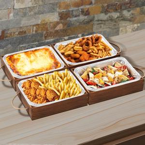 4 Pack Wooden Aluminum Foil Pan Holder for 9 x 13 Disposable Baking Tin Wooden Serving Tray for Foil Pans Food Dessert Cake Containers Party Wedding Supplies (Pine Wood Burnt Color)