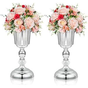 4PCS Silver Metal Flower Trumpet Stripe Vases Crystal Table Centerpieces Artificial Flower Arrangements for Anniversary Celebration/Wedding/Party/Birthday Event Aisle Home Decor