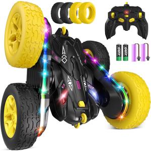 Jimdella Remote Control Car,RC Cars with Sides Light Strip and Headlights,Double Sided 360 Flips Rotating RC Stunt Car,2.4Ghz All Terrain Toys for Ages 4-8 Kids Toy for Boys Birthday Gift(Black)