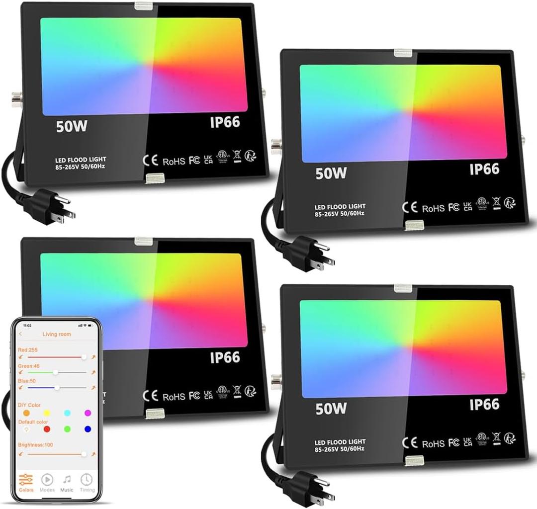 MELPO LED Flood Light Outdoor, 500W Equivalent 5000LM Smart RGB Landscape Lighting with APP Control, DIY Scenes - Timing - Warm White 2700K - Color Changing Uplight, IP66 Waterproof US Plug (4 Pack)