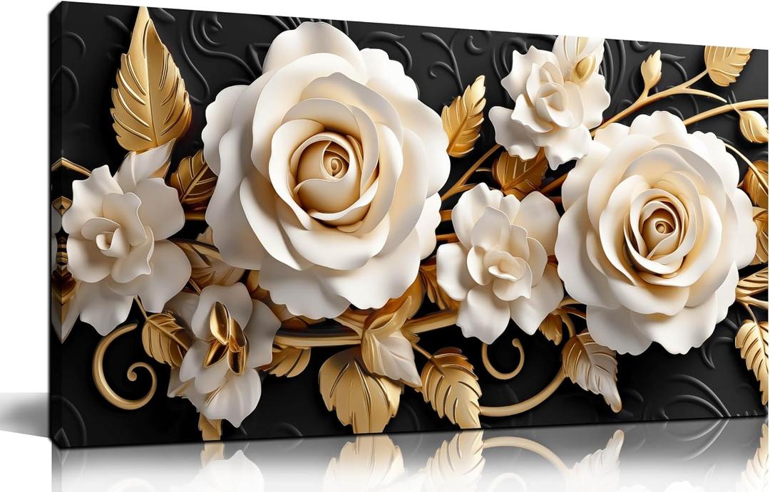 Flower Large Canvas Wall Art for Living Room Bedroom Home Office White and Gold Wall Art Blossom Picture Framed Wall Decor Modern Canvas Prints 20x40 In