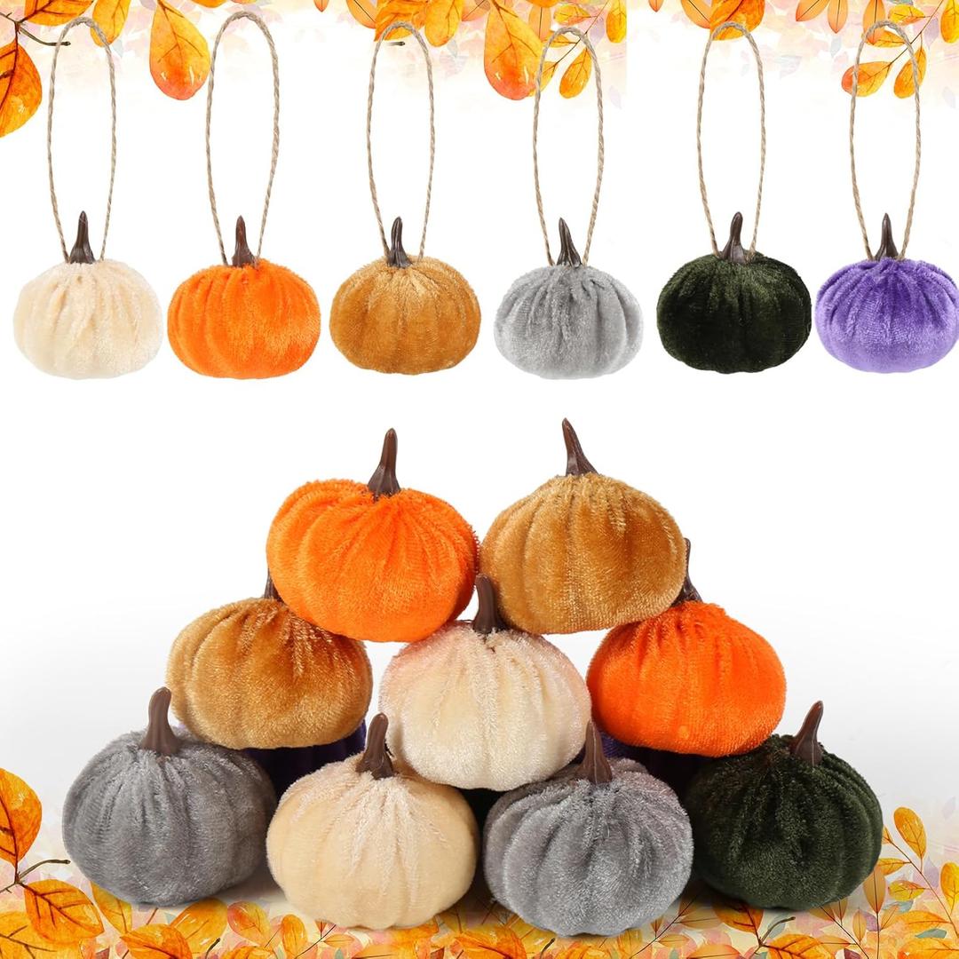 2 x 12 Pcs Mini Pumpkins for Decorating 2 Inches Velvet Small Pumpkin Ornament Tree Dcor for Thanksgiving, Fall, Autumn, Halloween, Christmas Home Party