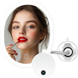 OVENTE 9'' Rechargeable Lighted Wall Mount Makeup Mirror for Bathroom with Mini Magnetic 10X Magnifying Mirror, Touch Screen Dimmable LED Lights, Flexible Gooseneck and Suction Mounting, White MOW22W