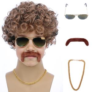 Kids Disco Blonde Mixed Brown Wig Boys Child Short Curly Blonde Brown Afro Wig 70'S Costumes Synthetic hair Wigs for Halloween Party