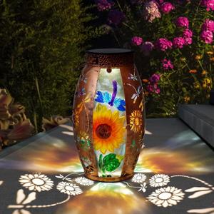Solar Lanterns Outdoor Hanging Lights Decor Dragonfly Lantern Waterproof Metal LED Sunflower Light Decorative Garden,Yard,Patio,Lawn,Gifts for Women Mom