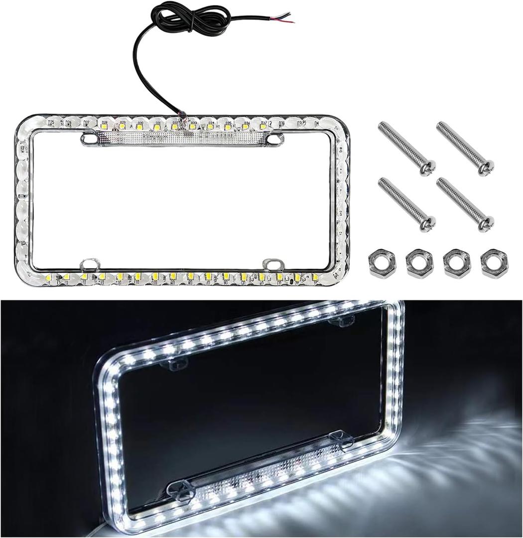 12V 48 LED Color Light License Plate Frame, Acrylic Plastic Licence Plate Cover with Bright LED Lights, Waterproof Car Tag Decor Front and Rear License Frame with Screws (White)