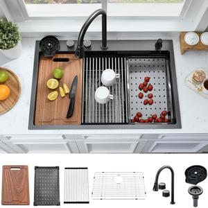 33 Inch Black Drop In Waterfall Kitchen Sink with Faucet-Bokaiya 33x19 Drop In Sink Black Stainless Steel 16 Guage Multifunction Single Bowl Kitchen Sinks with Cup Washer