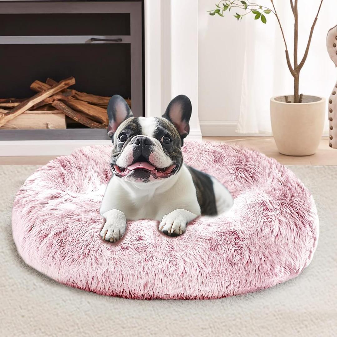 JOLLYVOGUE Calming Small Dog & Cat Bed for Indoor Cats - 20 inches Washable Donut Bed for Kittens & Puppies, Anti-Anxiety Round Fluffy Plush Pet Beds (Fits up to 15 lbs, Smoke Pink)