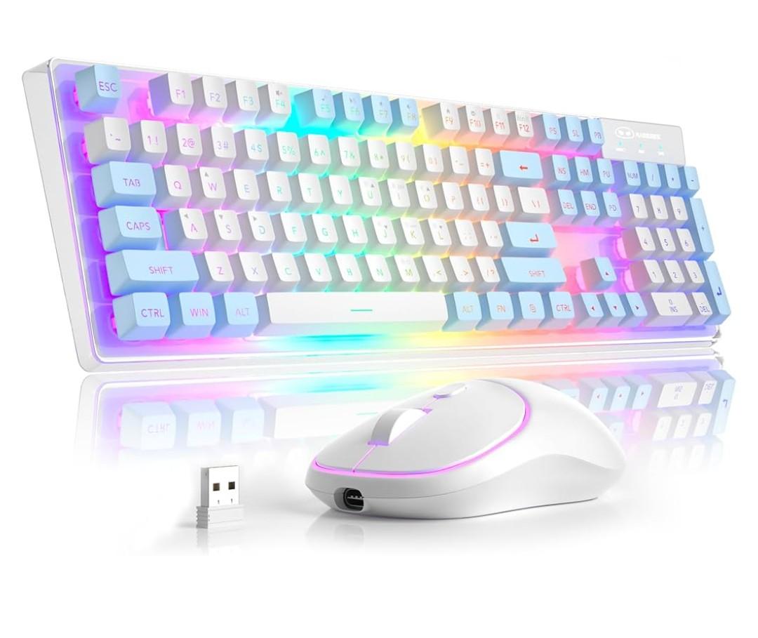 MageGee V550 Wireless Gaming Keyboard and Mouse, 2.4G Full-Sized RGB LED Computer Keyboards with Transparent Shell, Rechargeable Quiet Cordless Mouse & Keyboard Combo for Laptop/PC (Blue & White
