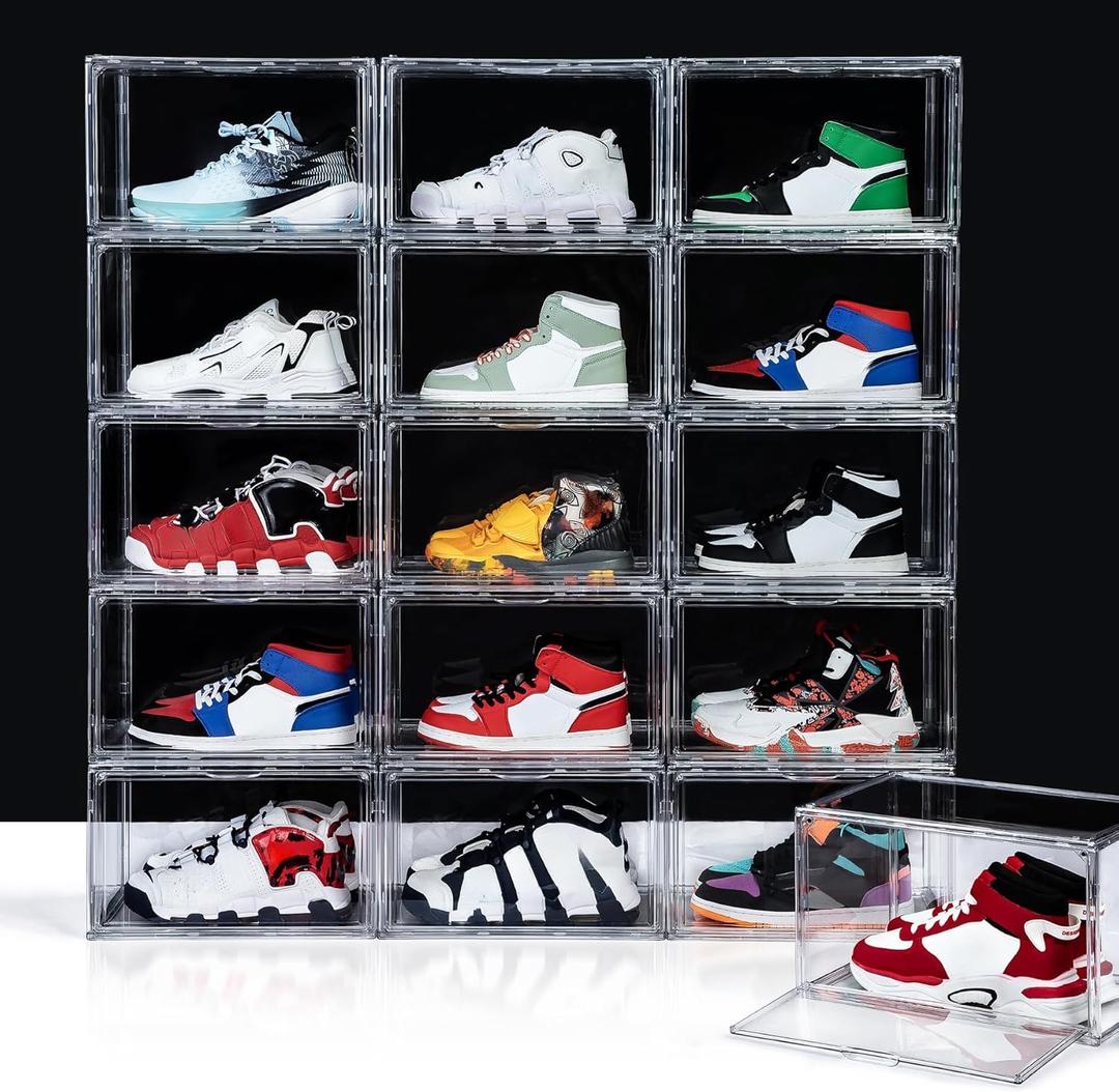 12 Pack Shoe Boxes, Acrylic Clear Shoe Boxes,360Clear Plastic Stackable Shoe Display Box, Larger Shoe Storage Boxes, Shoe Containers, fit up to Us size 14 (Side Open)