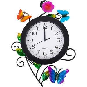 Outdoor Clock with Butterfly and Flowers, Butterflies Outdoor Wall Clock Waterproof, Silent No-Ticking Outdoor Clocks for Patio, Living Room, Kitchen, Garden