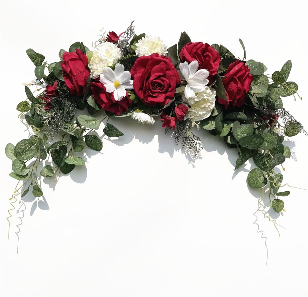 Wedding Arch Flowers, Rose Decorative Floral Swag for Lintel, 30Inch Artificial Greenery Eucalyptus Leaves Flower for Door Window Home Decoration 4 pc , 6ft white roses table runner