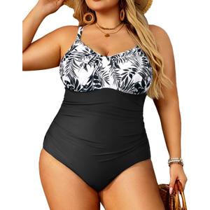 Aqua Eve Plus Size Swimsuit for Women Tummy Control One Piece Bathing Suit Vintage Swimwear (Leaf Print& Black)