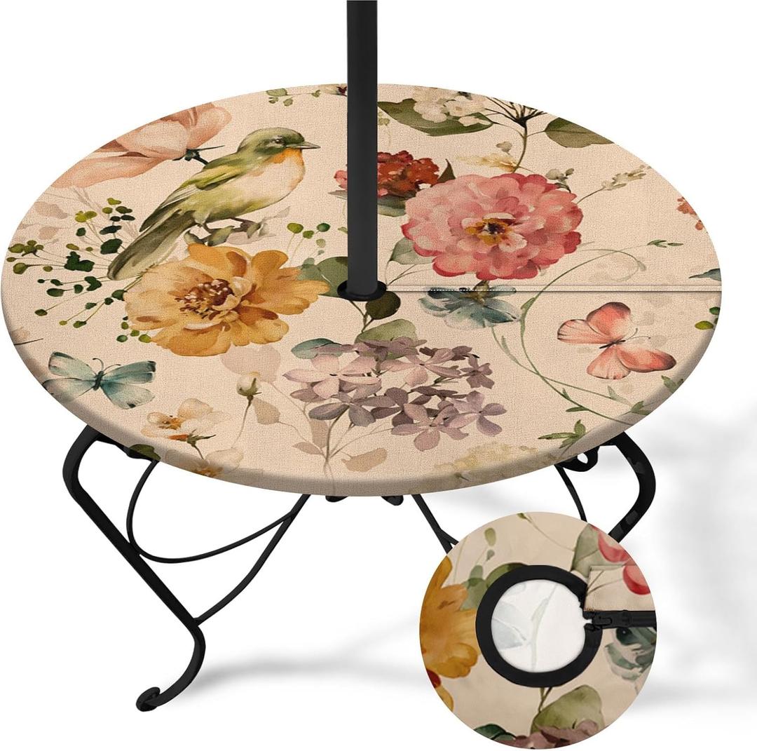 Flowers Birds Round Outdoor Tablecloth With Umbrella Hole, Plaid Fitted Table Cover With Zipper, Outdoor Camping Essentials, Waterproof Umbrella Table Cloth with elastic (36''-44'')