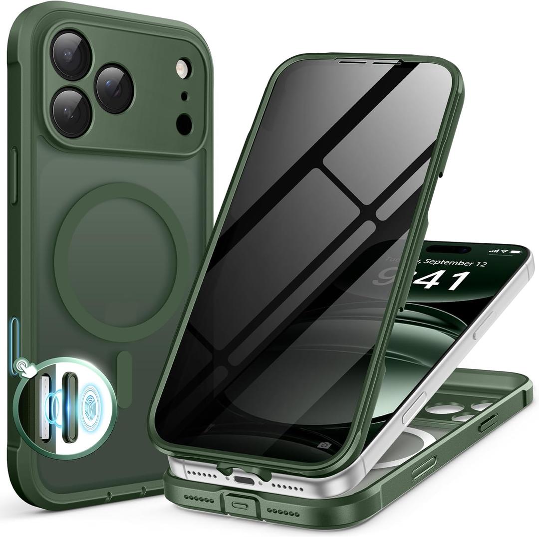 BERFY for iPhone 17 Pro Max Case, Compatible with MagSafe, Built-in Privacy Screen Protector, Camera Protection, Shockproof Full Body Phone Case 6.9", Translucent Deep Green