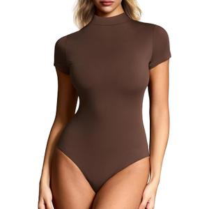 Women's Mock Neck Short Sleeve Bodysuit Double-Lined Seamless Body Suits for Women Basic T-Shirt Tops (Brown, XS)