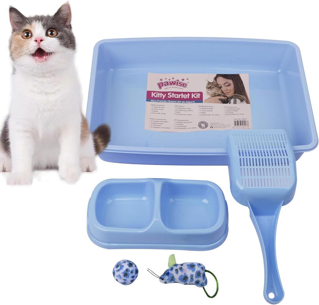 PAWISE Small Cat Litter Box,14.3 x 10.6 x 2.5 Kitten Litter Box Starter Kit,Low Entry Baby Catty Training Litter Box with Scoop, Bowls,Cat Mouse Toy and Ball Toy,First Kitten Owner Essentials (Blue)