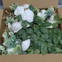 6FT Artificial Eucalyptus Garland with Flowers, 10 White Roses Baby Breath Garland Floral Greenery for Wedding Party Centerpiece Table Runner Backdrop Wall Decor Decoration