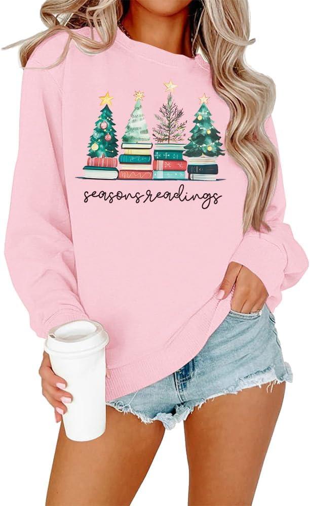 Christmas Sweatshirts for Women All Booked Christmas Sweater Funny Merry Sweatshirt Xmas Holiday Long Sleeve Pullover (Pink, S)