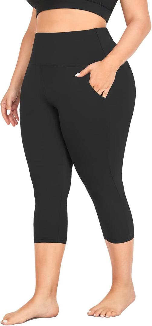 MOREFEEL Capri Plus Size Leggings for Women with Pockets-Stretchy Tummy Control High Waist Workout Black Yoga Pants, 4X-Large Plus