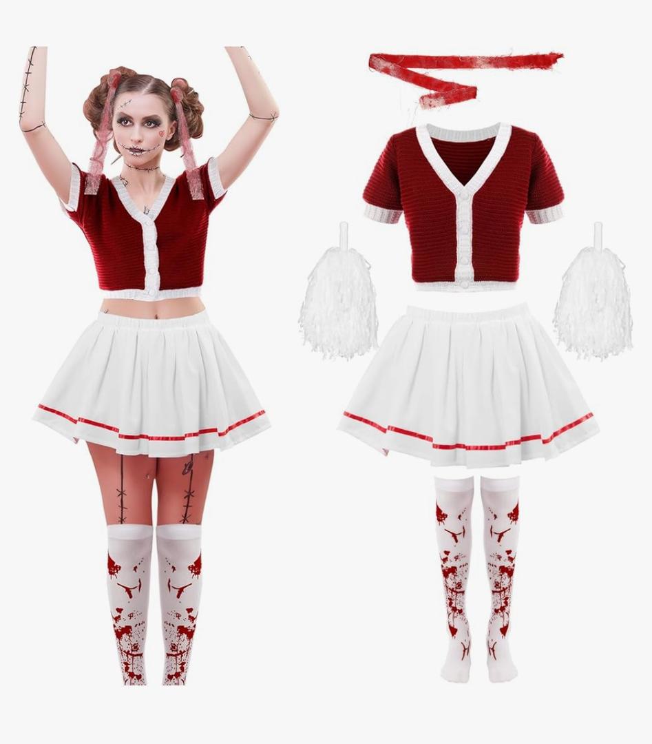 SATINIOR 4 Pcs Zombie Cheerleader Costumes for Women Adults Bloody Uniform Outfit for Halloween Party, Size M