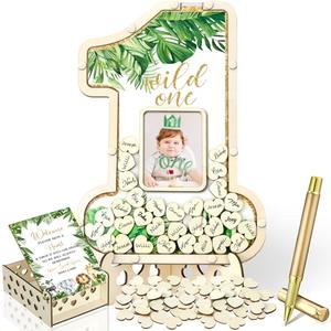 Wenqik 33 Pcs 1st Birthday Guest Book Alternatives 1st Decorations First Birthday Number One Shaped Photo Frame Centerpiece Keepsake with 30 Wood Slices(Wild One)