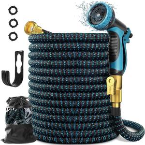 Garden Hose 100 FT Expandable, Lightweight Water Hose with 10 Pattern Spray Nozzle, No-kink Leak-proof Flexible Retractable Stretch Hose with 3/4'' Solid Fittings and 3-Layer Latex Core, Blue