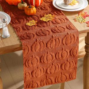Fall Table Runner, Caramel Pumpkins 3D Faux Fur Table Runners, Soft Thanksgiving Halloween Table Decor for Indoor Outdoor, Autumn Home Party Decor, 13*37 Inch