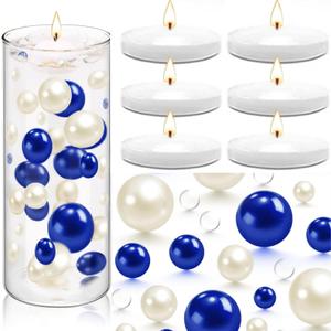 200 Pcs Floating Pearls and 6 Pcs Floating Candles NO Hole Pearls for Vases Candles for Centerpieces Home Weddings Table Party Decor(White, Blue)