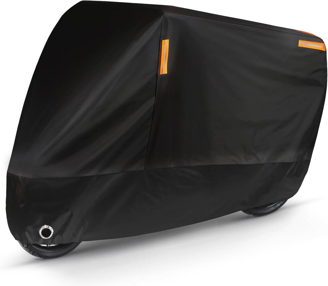 Puroma Motorcycle Cover Heavy Duty Scooter Cover Waterproof Outdoor All Season Universal Weather Quality Protection with Night Reflective, Lock Holes and Storage Bag Fits up to 105" Motorcycle Vehicle (Black)