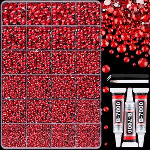 25000Pcs Resin Rhinestones with Tweezers for Crafting, Red Flatback Gems, Bedazzling Crystal with 3Pcs 10ml B7000 Jewelry Glue for DIY Crafts Clothing Tumblers Shoes Fabric Nail Art